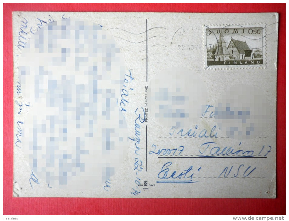 illustration by Perez Fajardo - girl and boy - rose - Holland - sent from Finland Rauma to Estonia USSR 1974 - JH Postcards