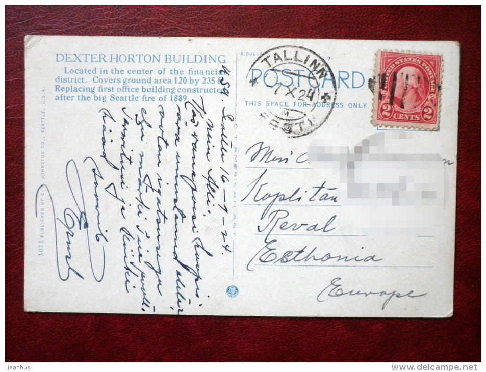 Dexter Horton Building , Seattle , Washington - streetcar - tram - cars - sent to Estonia in 1924 - USA - used - JH Postcards