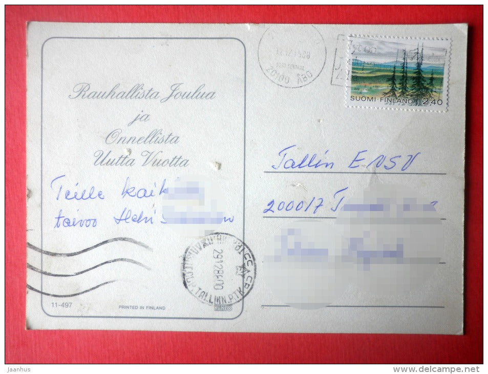 Christmas Greeting Card - donkey - hare - children - 11-497 - Finland - sent from Finland to Estonia USSR 1988 - JH Postcards