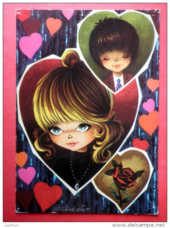 illustration by Perez Fajardo - girl and boy - rose - Holland - sent from Finland Rauma to Estonia USSR 1974 - JH Postcards
