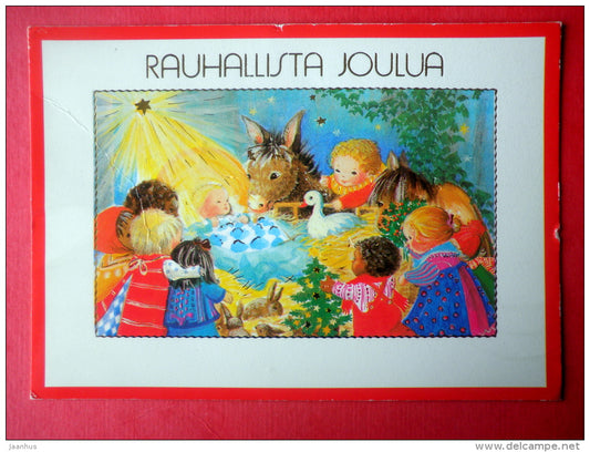 Christmas Greeting Card - donkey - hare - children - 11-497 - Finland - sent from Finland to Estonia USSR 1988 - JH Postcards