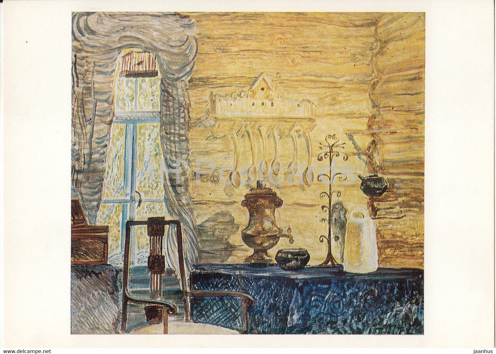 painting by Vasily Ezdakov - Nannys Room - samovar - Russian art - 1985 - Russia USSR - unused - JH Postcards