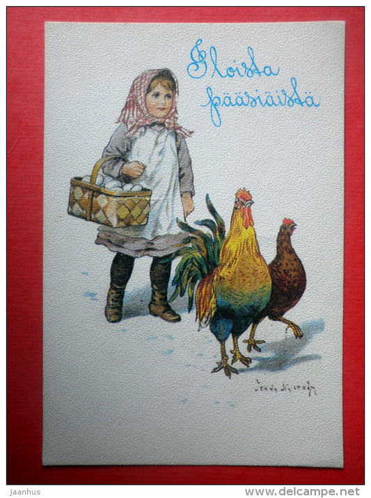 Easter Greeting Card by Jenny Nyström - I - eggs - chicken - cock - Finland - circulated in Finland 1986 - JH Postcards