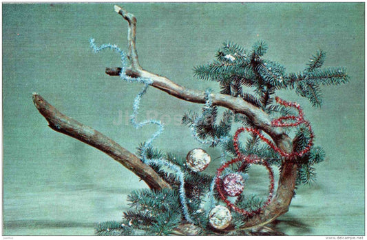 decorations - fir branches - ikebana - composition - Winter Motives - 1976 - Russia USSR - unused - JH Postcards