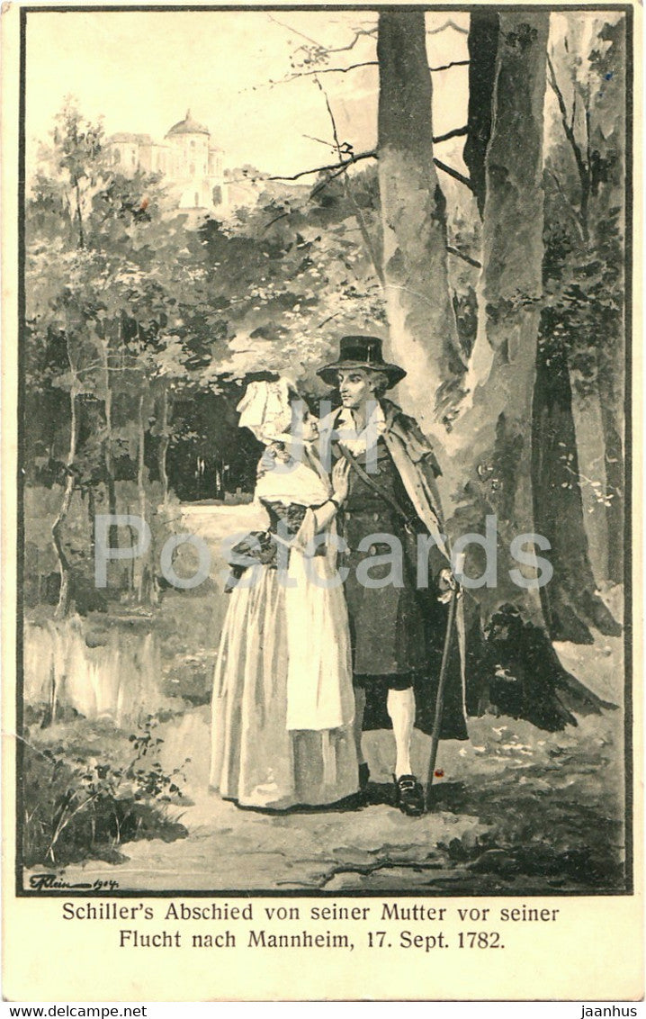 Schiller's Abschied von seiner Mutter vor seiner Flucht nach Mannheim 1782 - illustration - old postcard - Germany used - JH Postcards