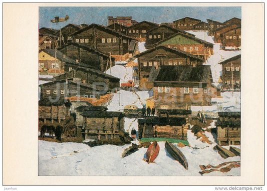 painting by V. Stozharov - Bolshaya Pyssa village . Spring , 1971 - boats - Russian art - 1982 - Russia USSR - unused - JH Postcards