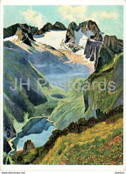 painting by Hanns Herzing - Dachstein mit Gosausee - German art - old postcard - Germany - unused - JH Postcards