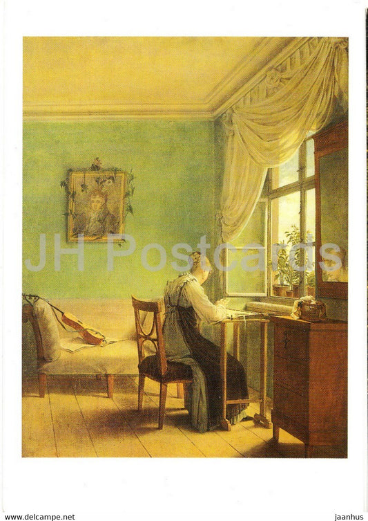 painting by Georg Friedrich Kersting - Die Stickerin - German art - Germany - unused - JH Postcards