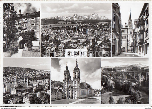 St Gallen - multiview - church - bridge - 1957 - Switzerland - used - JH Postcards