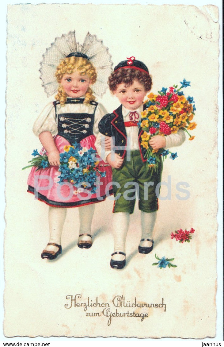 Birthday Greeting Card - Herzlichen Gluckwunsch zum Geburtstage - boy and girl - folk - old postcard 1931 Germany - used - JH Postcards