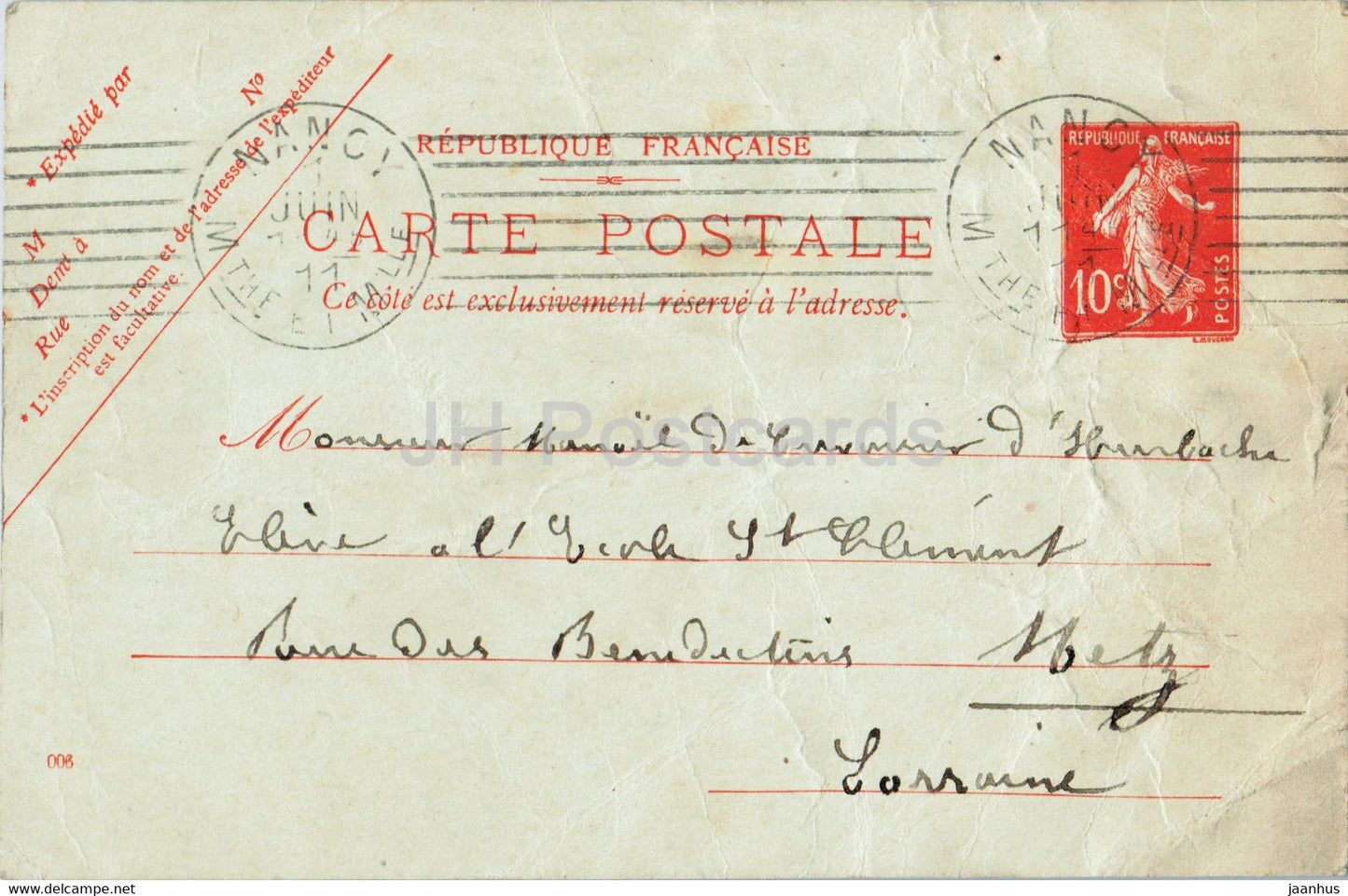 Carte Postale - postal stationery - 1 - old postcard - 1911 - France - used - JH Postcards