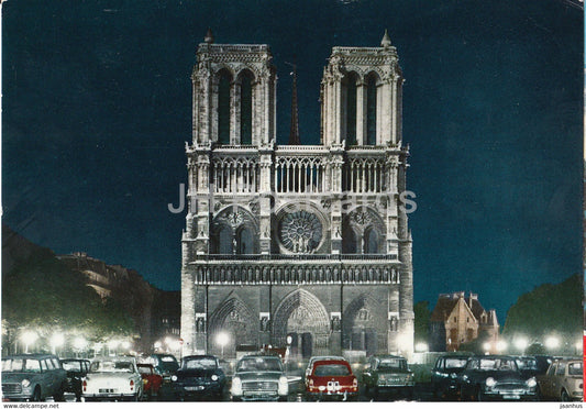 Paris la Nuit - La Cathedrale Notre Dame de Paris illuminee - Paris by Night - cathedral - cars - 1967 - France - used - JH Postcards