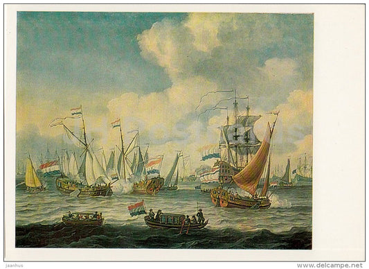 painting by Adam Silo - Battleship Exercising - sailing boat - Dutch art - 1986 - Russia USSR - unused - JH Postcards