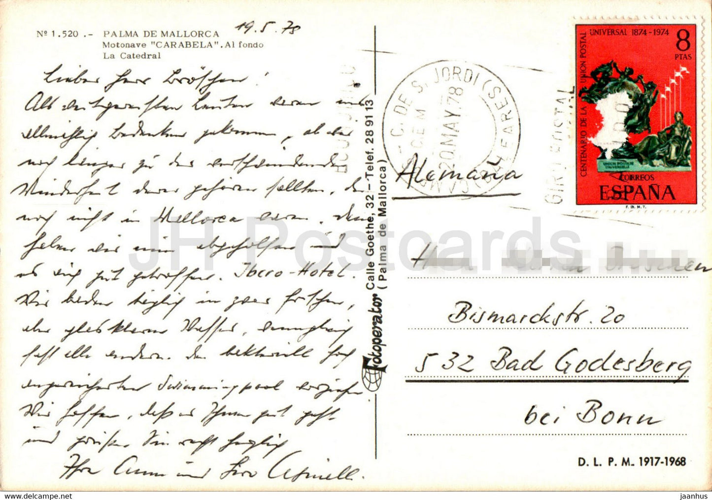 Palma de Mallorca - Motonave Carabela - Al fondo La Catedral - ship - cathedral - 1520 - 1978 - Spain - used