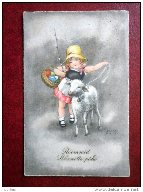 Easter Greeting Card - Girl and Lamb by Hannes Petersen - eggs - 394 circulated in Estonia 1931 , Kiisa - Germany - used - JH Postcards