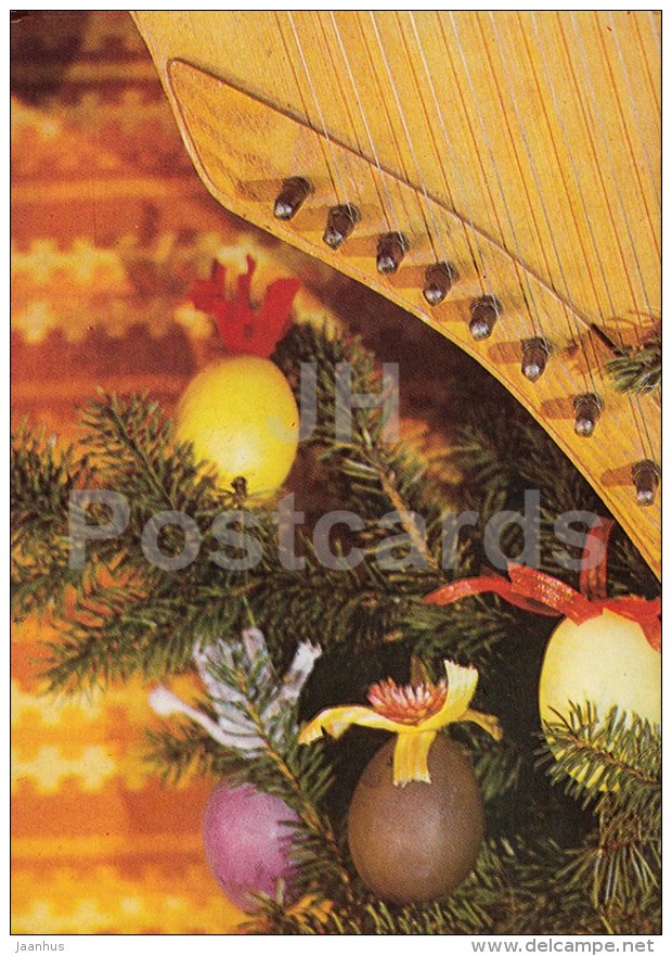 New Year Greeting card - 1 - Estonian zither - decorations - 1985 - Estonia USSR - used - JH Postcards