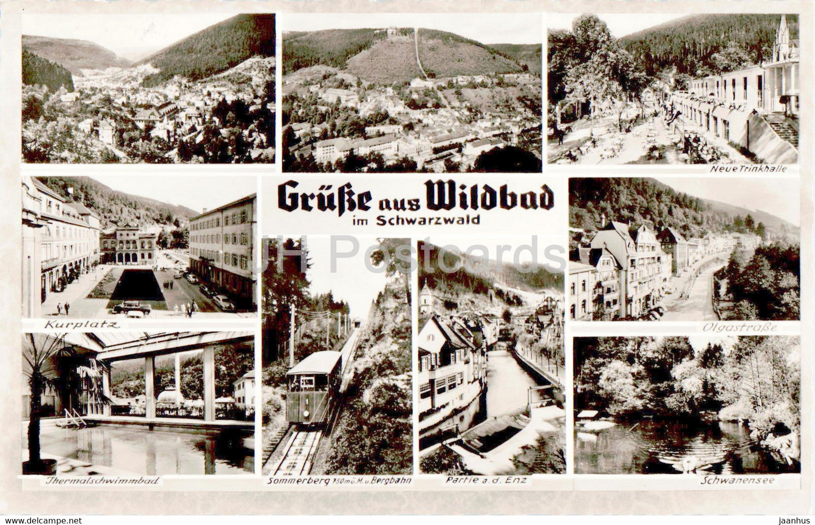 Grusse aus Wildbad im Schwarzwald - Kurplatz - Sommerberg - funicular - Olgastrasse old postcard - 1961 - Germany - used - JH Postcards