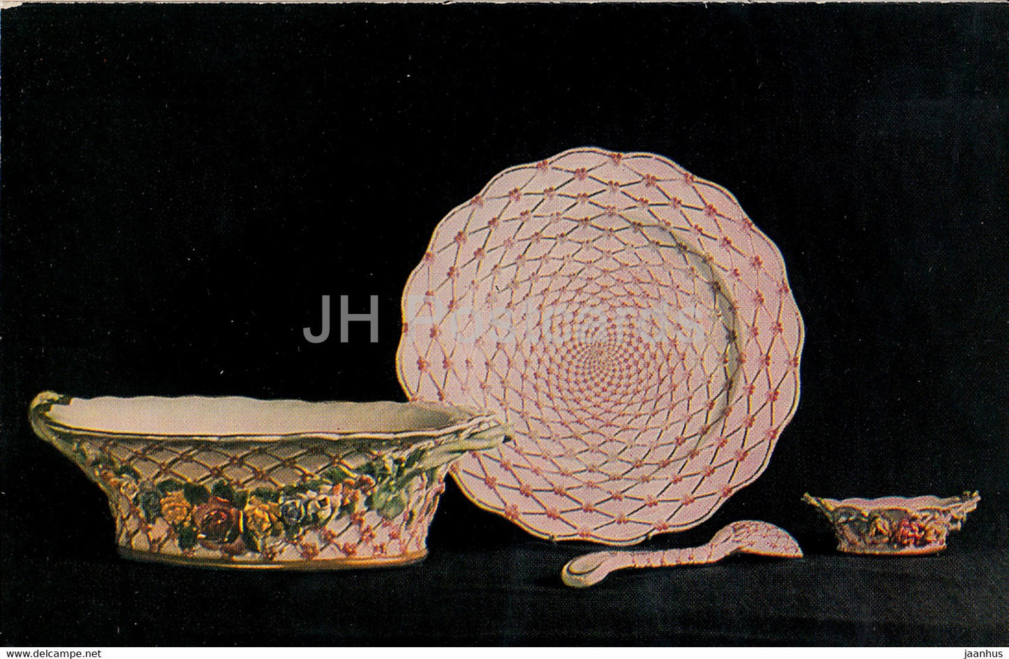 Plate - Basket Shaped biscuit dish - spoon - porcelain - Vinogradov Porcelains - 1974 - Russia USSR - unused - JH Postcards