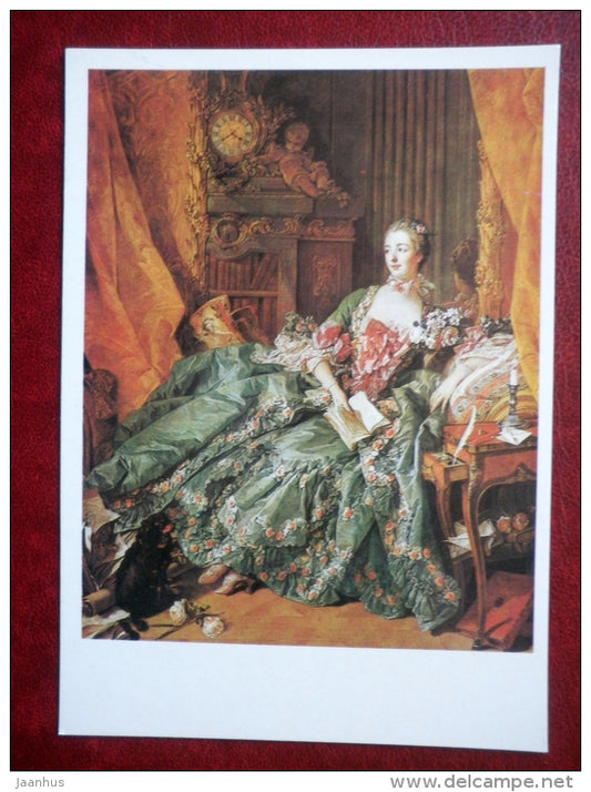 painting by François Boucher - Madame de Pompadour , 1756 - dog - french art - unused - JH Postcards
