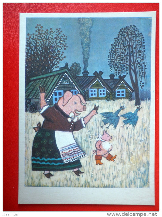 illustration by Y. Vasnetsov - pig - houses - Russian folk songs and Nursery Rhymes - 1970 - Russia USSR - unused - JH Postcards