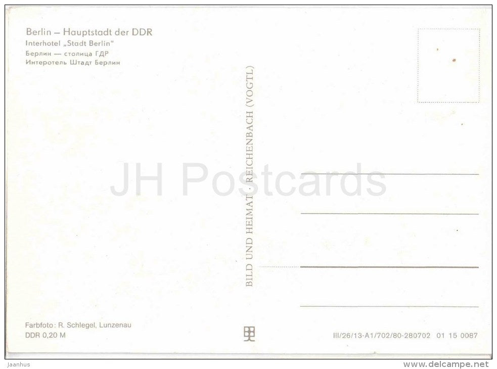 interhotel Stadt Berlin - Berlin - Germany - DDR - unused - JH Postcards