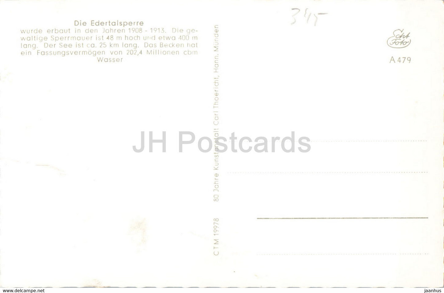 Die Edertalsperre - Edersee - Sperrmauer - old postcard - Germany - unused