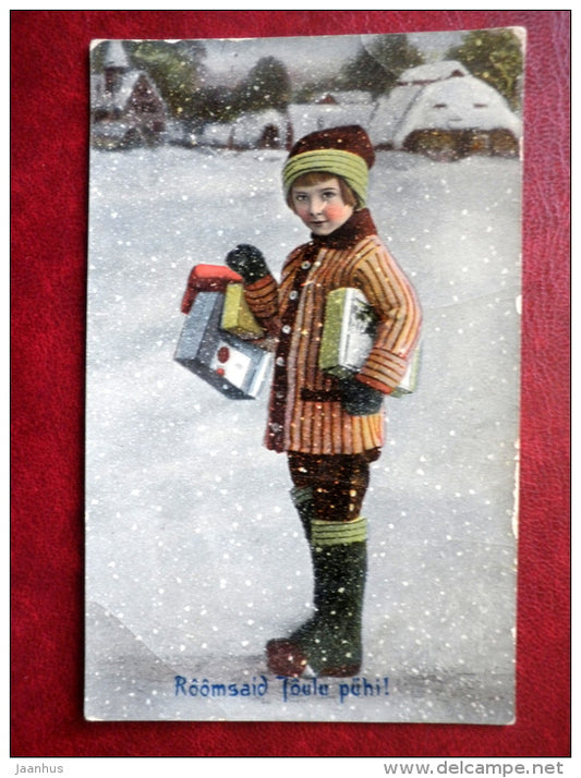 Christmas Greeting Card - boy with gifts - 4549 3 - old postcard - Estonia - used - JH Postcards