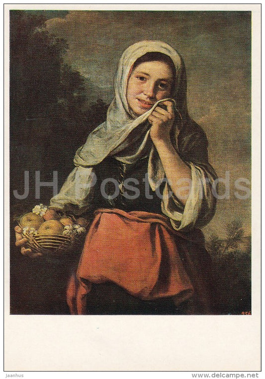 painting by Bartolome Esteban Murillo - Girl - saleswoman of fruits - Spanish art - Russia USSR - 1985 - unused - JH Postcards