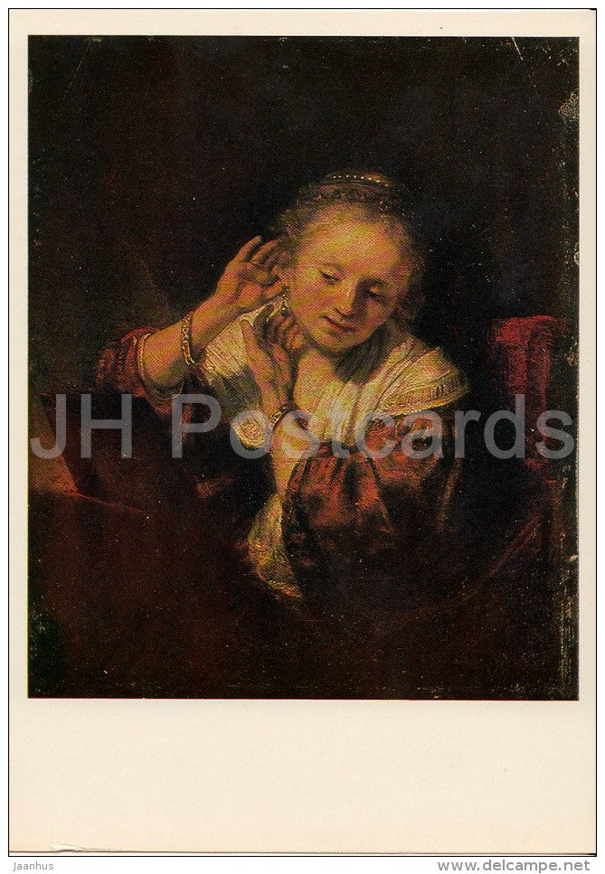 painting by Rembrandt - Young Woman With Earrings , 1667 - Dutch art - Russia USSR - 1980 - unused - JH Postcards