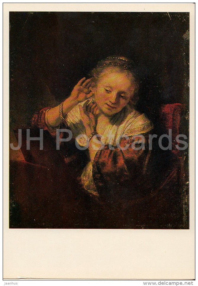 painting by Rembrandt - Young Woman With Earrings , 1667 - Dutch art - Russia USSR - 1980 - unused - JH Postcards