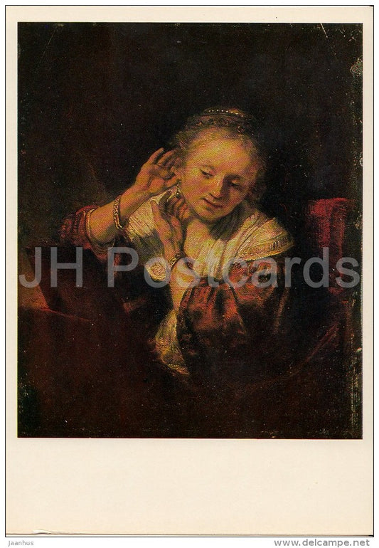 painting by Rembrandt - Young Woman With Earrings , 1667 - Dutch art - Russia USSR - 1980 - unused - JH Postcards