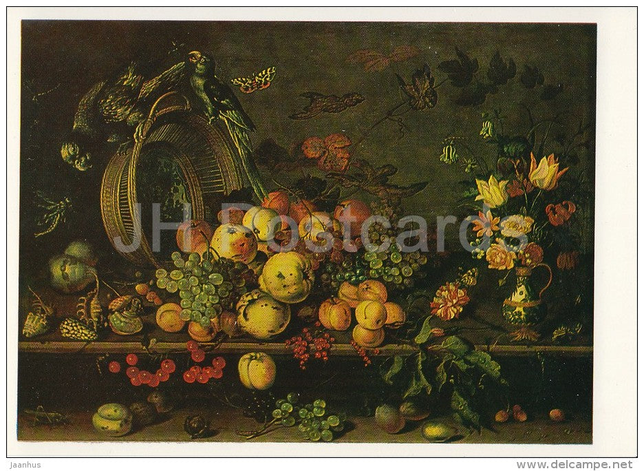 painting by Balthasar van der Ast - Still Life with Fruit - grape - parrot - Dutch art - Russia USSR - 1988 - unused - JH Postcards