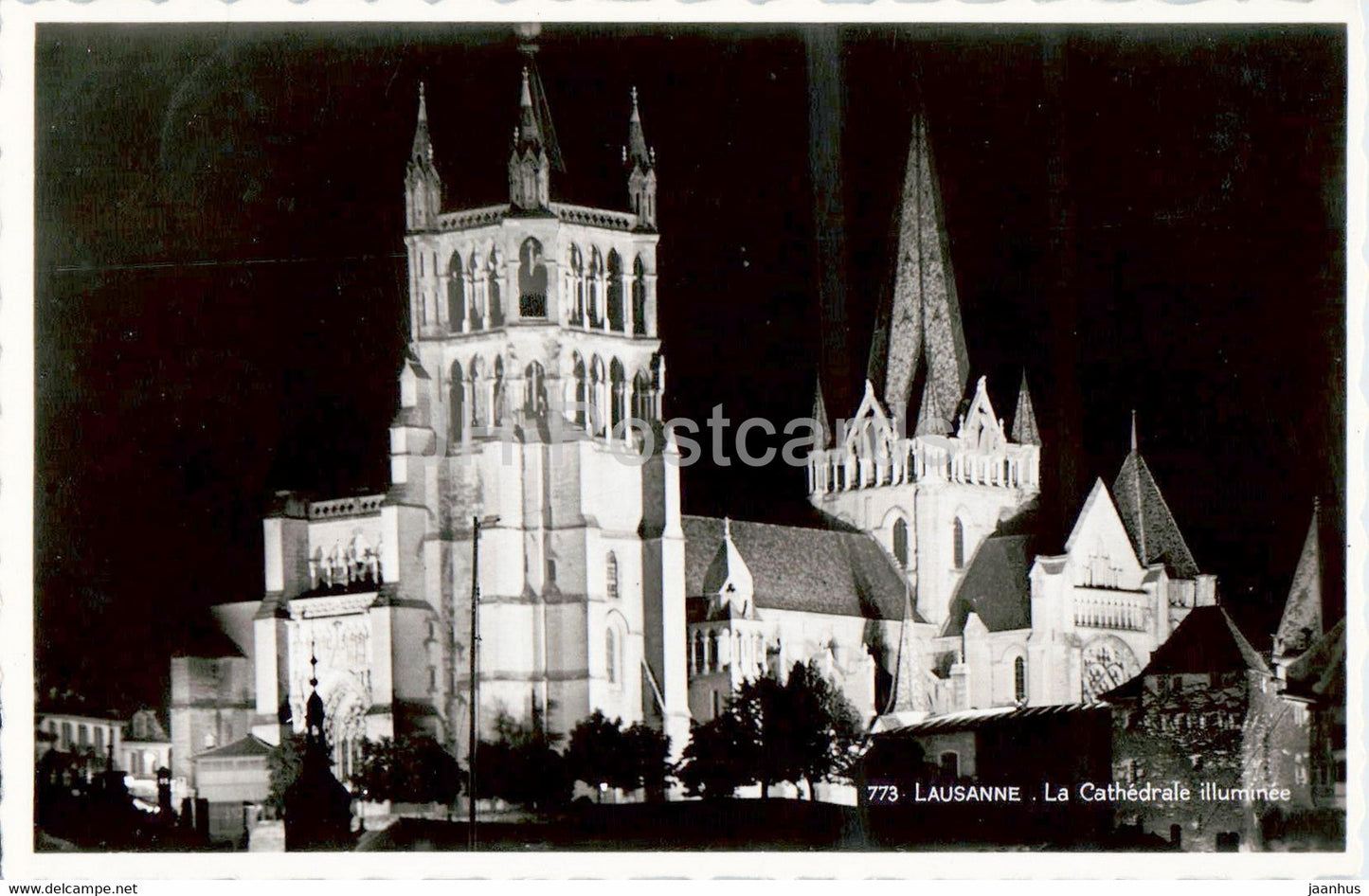 Lausanne - La Cathedrale illuminee - cathedral - 773 - 1947 - old postcard - Switzerland - used - JH Postcards