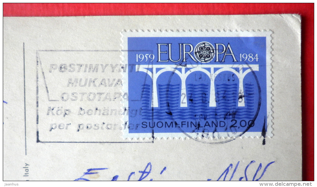 illustration - young woman - bicycle - EUROPA CEPT - Finland - sent from Finland Turku to Estonia USSR 1984 - JH Postcards