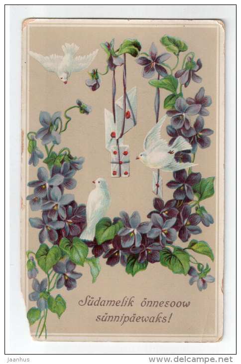 Birthday Greeting Card - flowers - birds - dove - SB 864 - old postcard - circulated in Tsarist Russia Estonia - used - JH Postcards