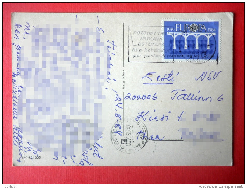 illustration - young woman - bicycle - EUROPA CEPT - Finland - sent from Finland Turku to Estonia USSR 1984 - JH Postcards