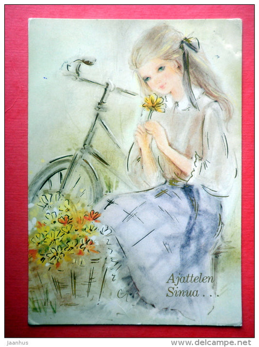 illustration - young woman - bicycle - EUROPA CEPT - Finland - sent from Finland Turku to Estonia USSR 1984 - JH Postcards