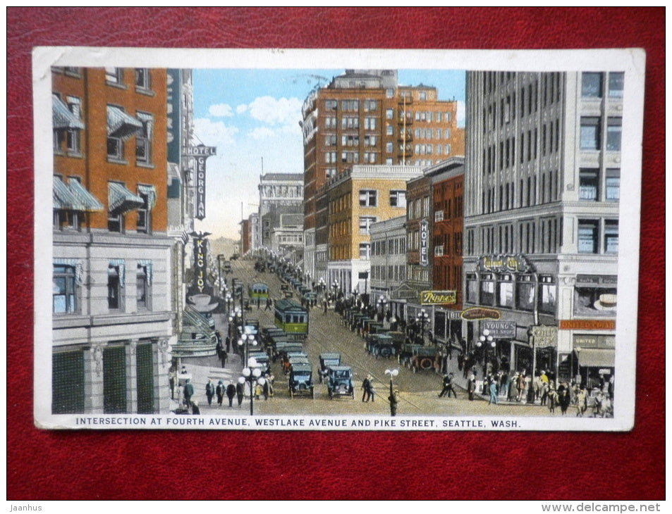 Intersection at Fourth Av. , Westlake Av. and Pike street , Seattle - tram - cars - sent to Estonia in 1924 - USA - used - JH Postcards