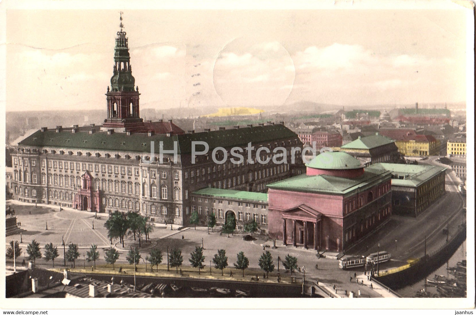 Copenhagen - Kobenhavn - Christiansborg - Slotskirken - Thorvaldsens Museum - tram old postcard - 1938 - Denmark - used - JH Postcards