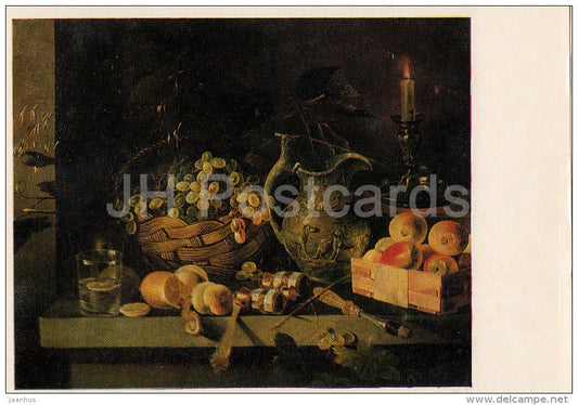 painting by I. Khrutsky - Still Life with Candle - grape - apple - fruits - Russian art - 1975 - Russia USSR - unused - JH Postcards