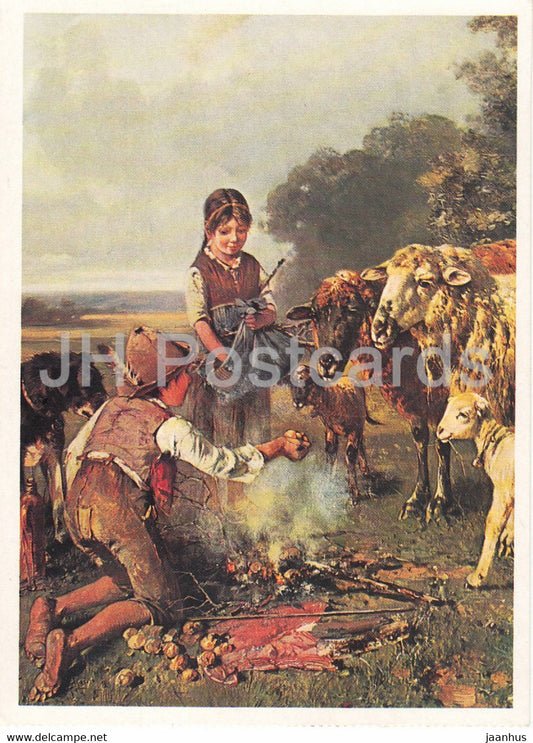 painting by Otto Gebler - Am Kartoffelfeuer - children - sheep - German art - Germany - unused - JH Postcards