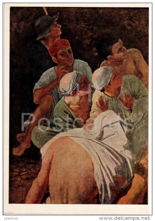 painting by A. Ivanov - Six figures - russian art - unused - JH Postcards