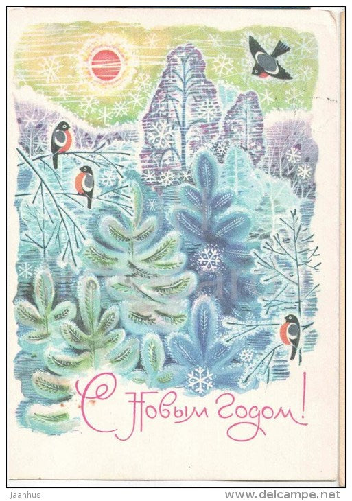 New Year Greeting card by Y. Artsimenev - winter forest - bullfinches - birds - stationery - 1969 - Russia USSR - used - JH Postcards