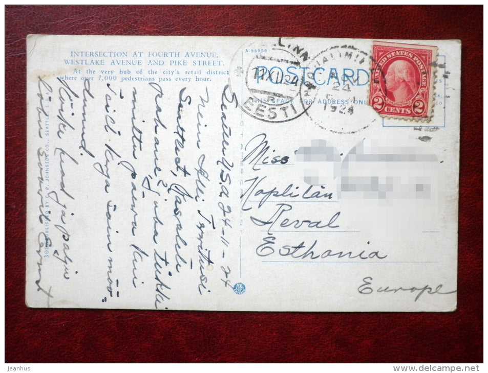 Intersection at Fourth Av. , Westlake Av. and Pike street , Seattle - tram - cars - sent to Estonia in 1924 - USA - used - JH Postcards