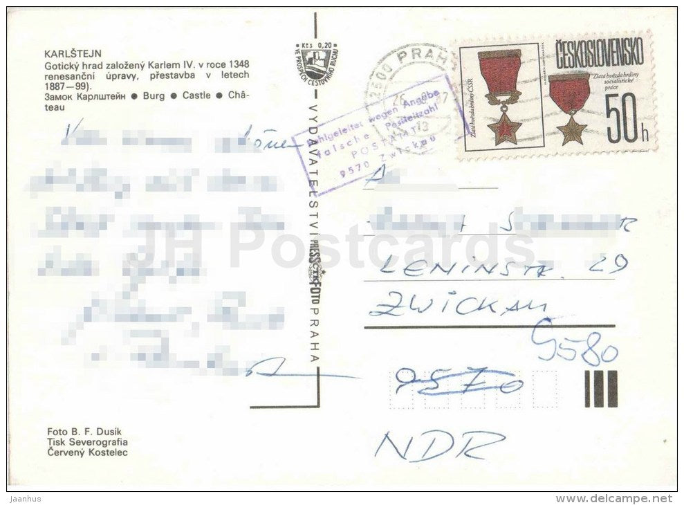 Karlstejn castle - Czechoslovakia - Czech - used 1987 - JH Postcards