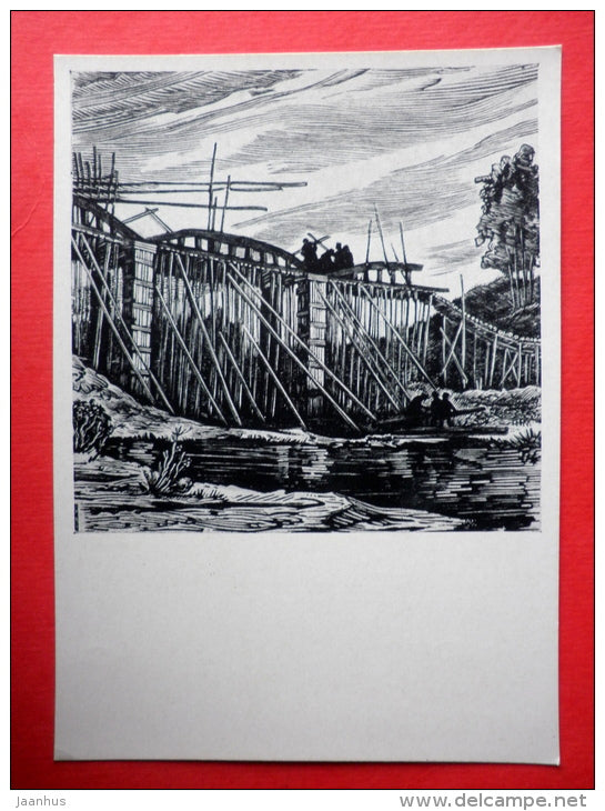 painting by V. Jurkunas - Bridge Construction in Deguciai - lithuanian art - unused - JH Postcards