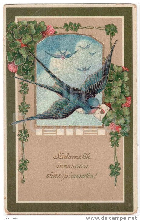 birthday greeting card - swallow - flowers - SB 843 - circulated in Imperial Russia Estonia 1911 - JH Postcards