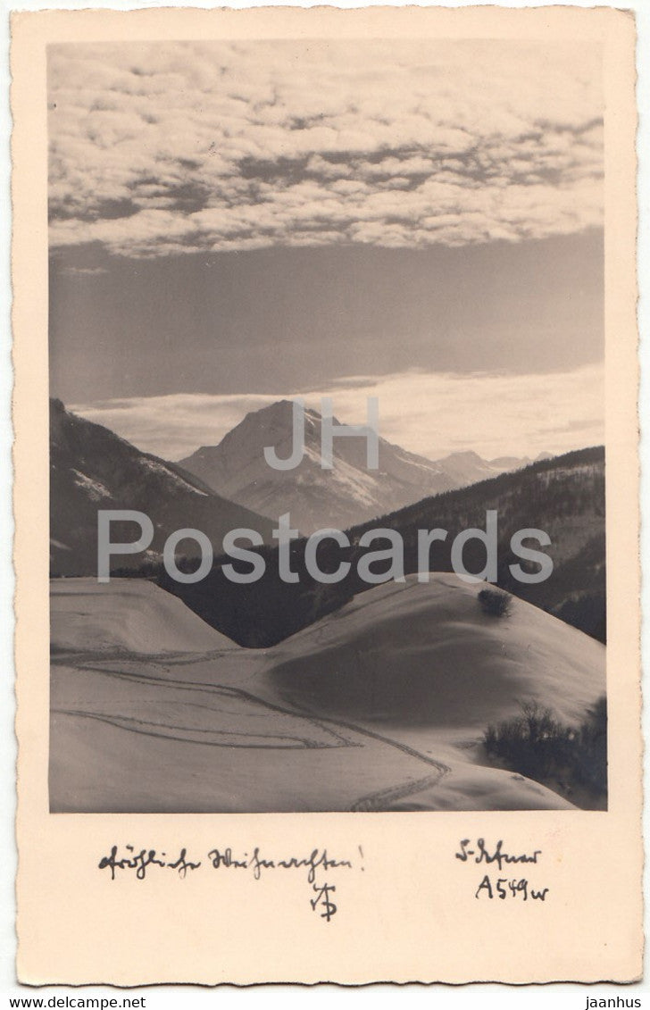 Christmas Greeting Card - Frohliche Weihnachten - winter - mountains - Defner - old postcard - 1935 - Austria - used - JH Postcards