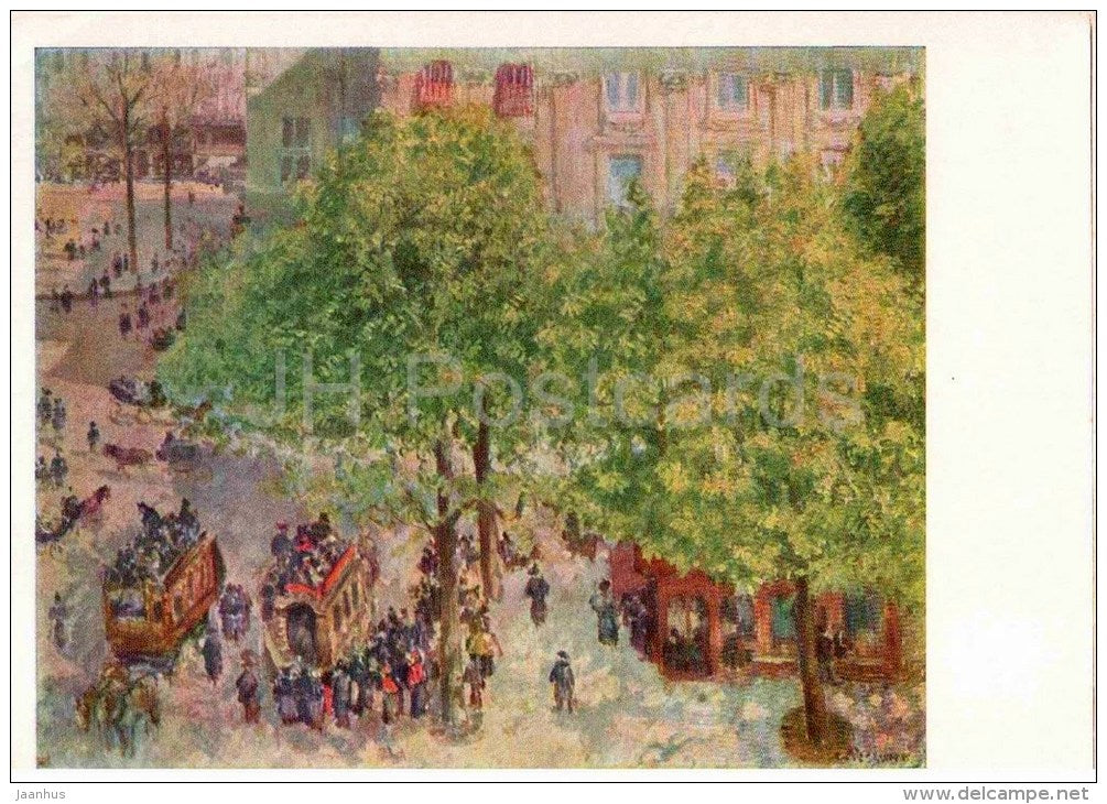 painting by Camille Pissarro - La Place du Théâtre Français . Paris - theatre - tram - french art - unused - JH Postcards
