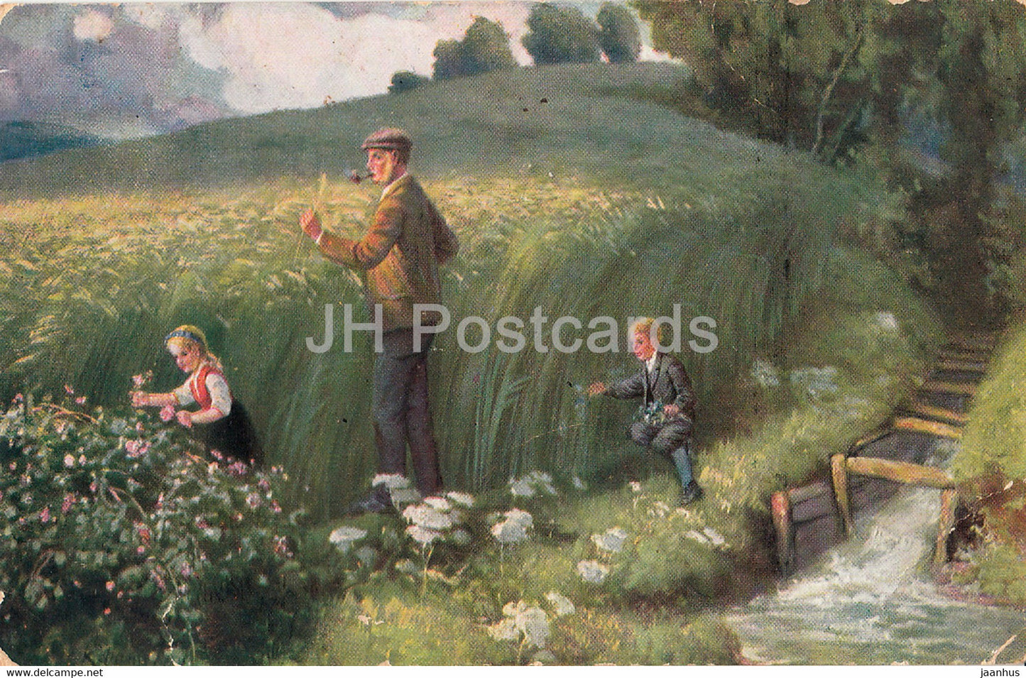 corn field - children - man - illustration - Serie 278 - old postcard - 1914 - used - JH Postcards